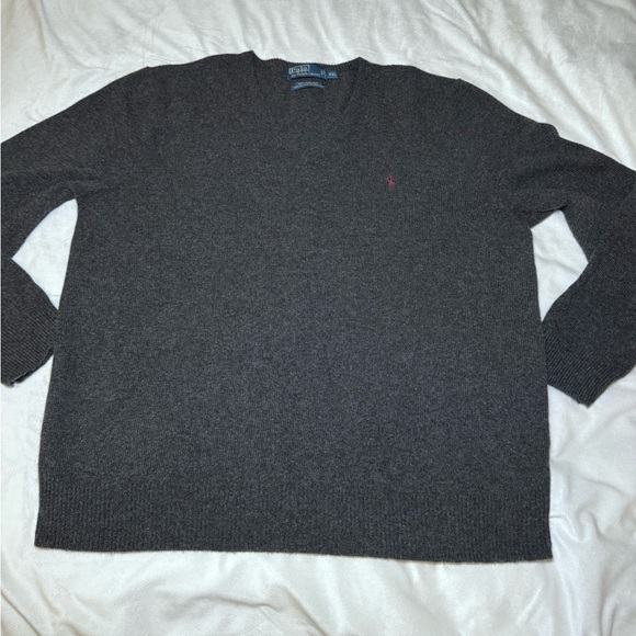 Polo Ralph Lauren men’s size XXL sweater 100% lambswool gray logo pullover Vneck - Picture 1 of 9